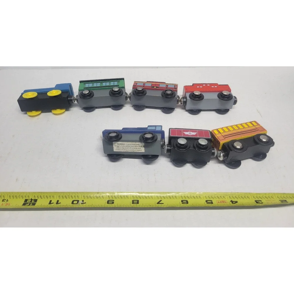 7pc Wooden Magnetic Train Car Set Blue Engine 306 Red Tender 8 Railway‎ Toys